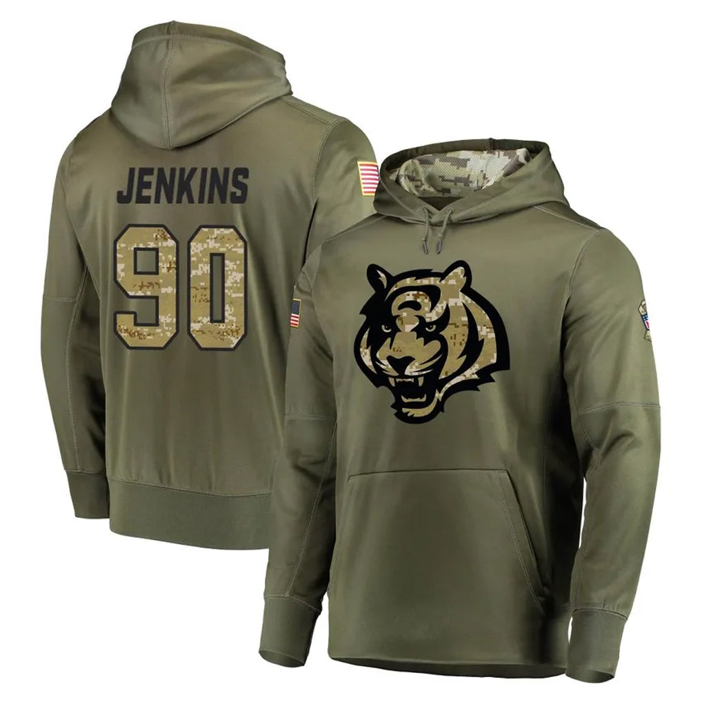 C.Bengals #90 Kris Jenkins Jr Player Olive Salute to Service Pullover Hoodies Home Game ROCER Stitched Jerseys