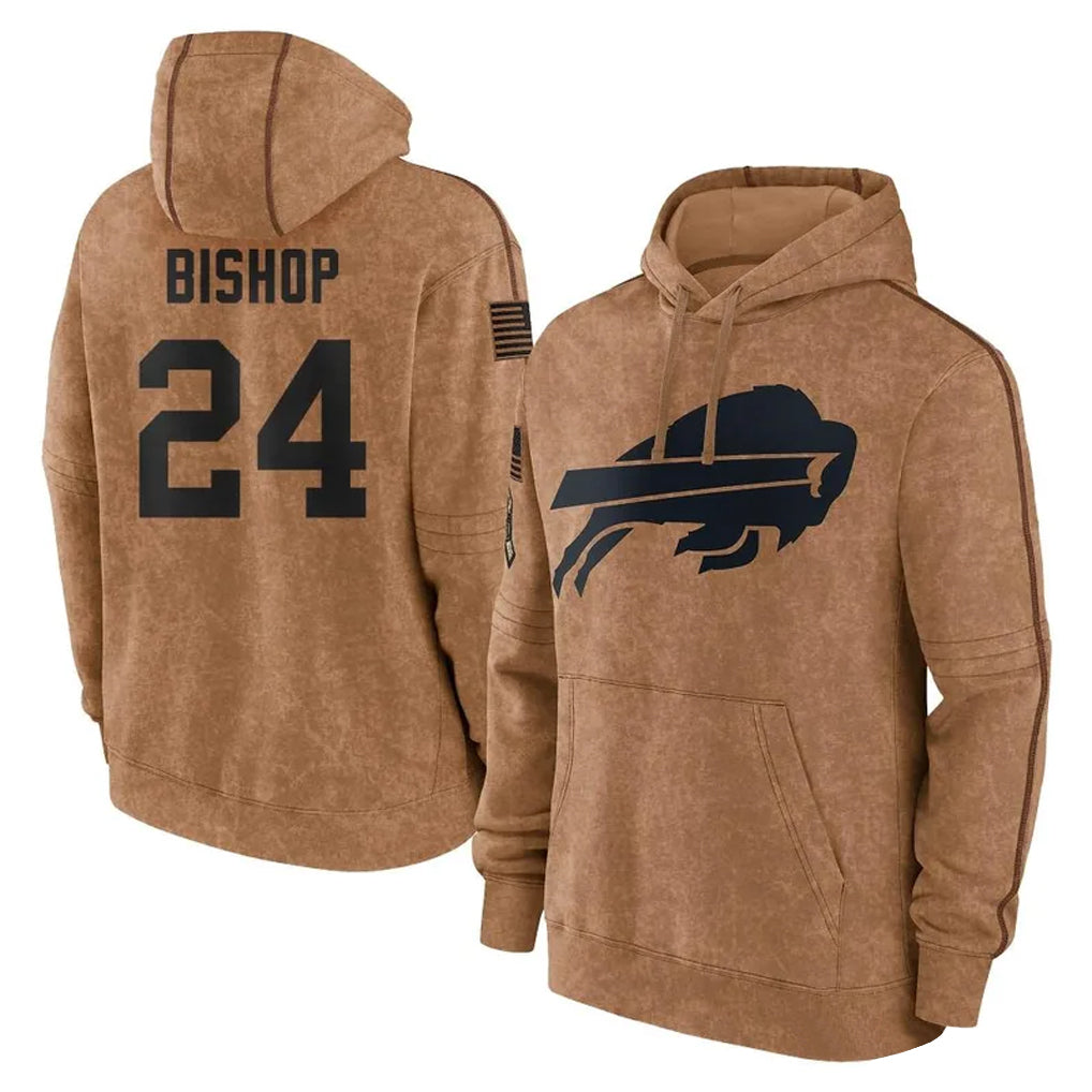 B.Bills #24 Cole Bishop Player Brown Salute to Service Hoodies ROCER Stitched Jerseys