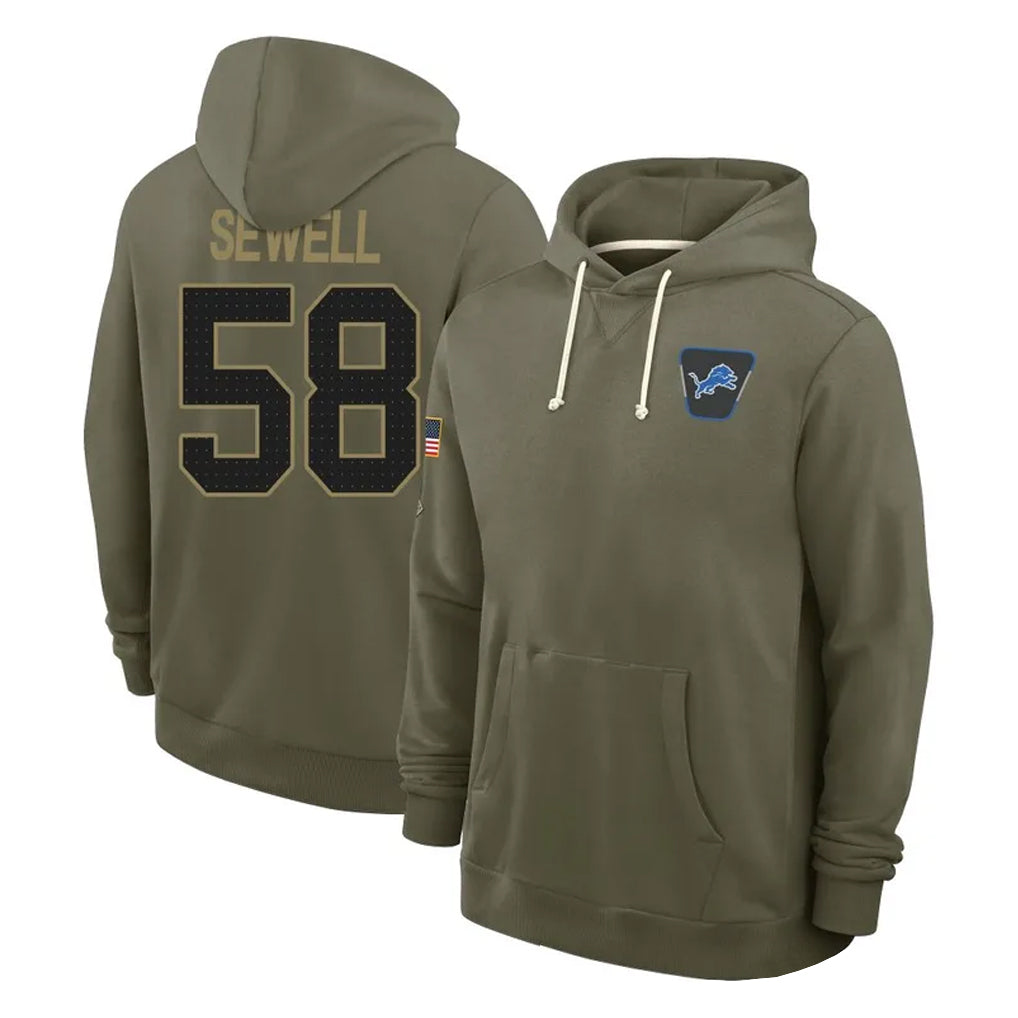 D.Lions #58 Penei Sewell Player Olive Salute to Service Pullover Hoodies Limited ROCER Stitched Jerseys