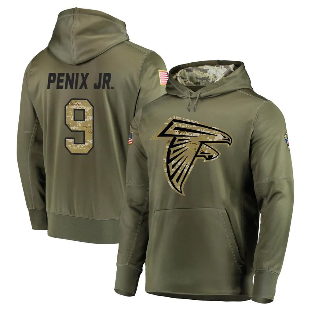 A.Falcons #9 Michael Penix Jr. Player Olive Salute to Service Club Fleece Hoodie ROCER Stitched Jerseys