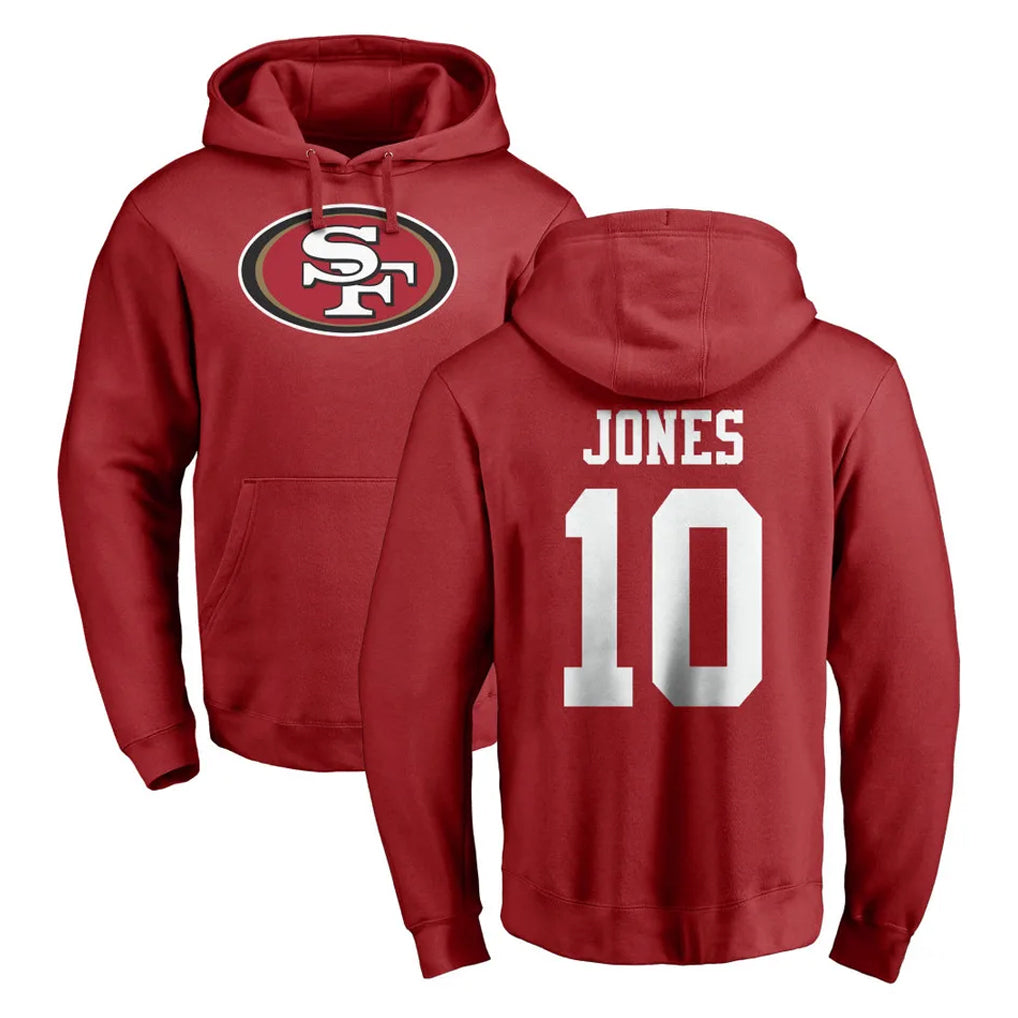 SF.49ers #10 Mac Jones Player Red LOGO Pullover Hoodies Home Game ROCER Stitched Jerseys