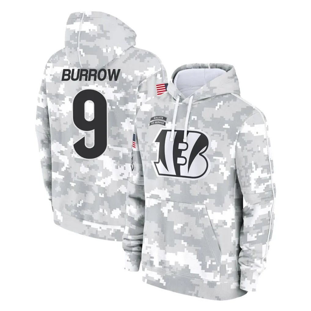 C.Bengals #9 Joe Burrow Player Arctic Camo Salute to Service Pullover Hoodie Limited ROCER Stitched Jerseys