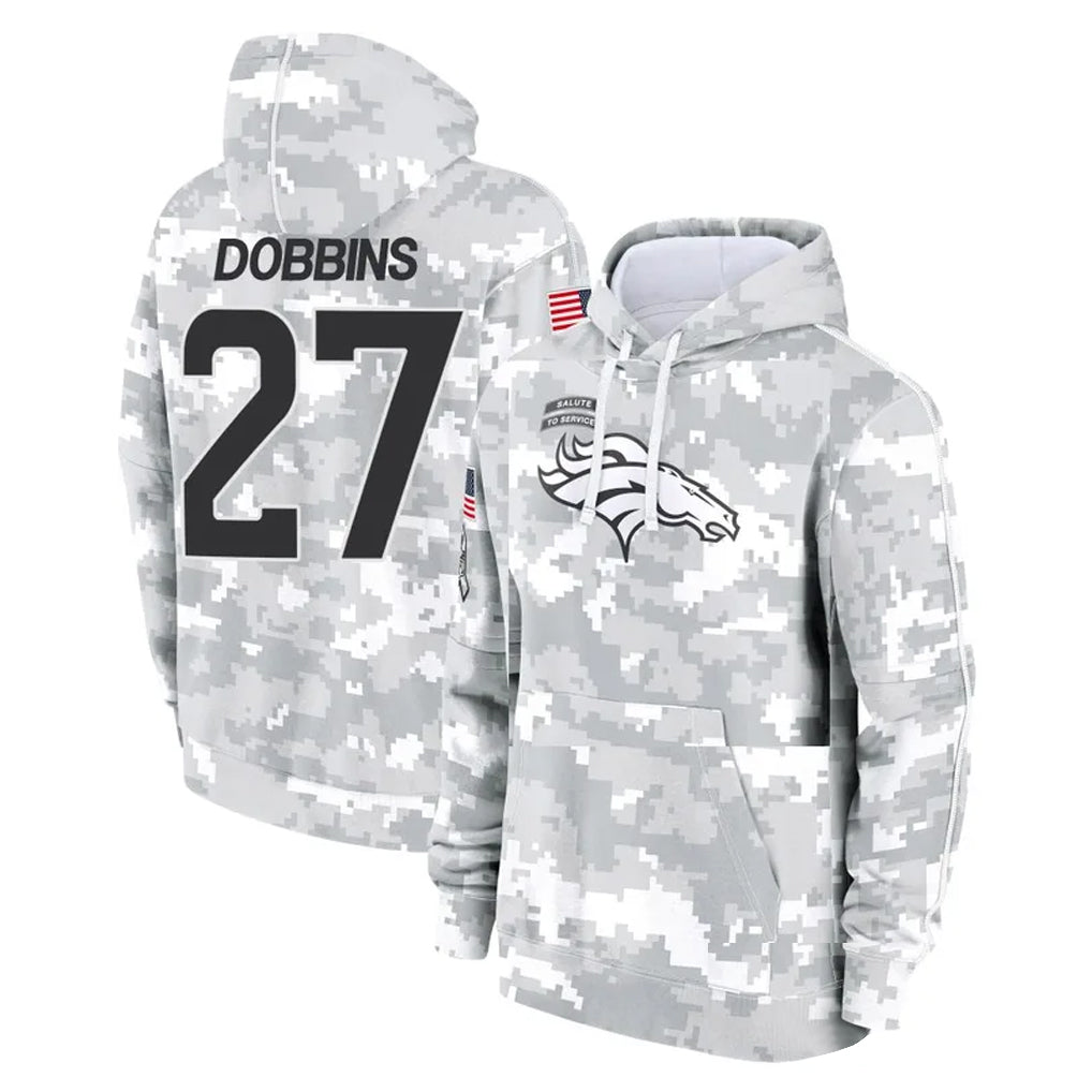 D.Broncos #27 J.K. Dobbins Player Arctic Camo Salute to Service Hoodies Limited Game ROCER Stitched Jerseys