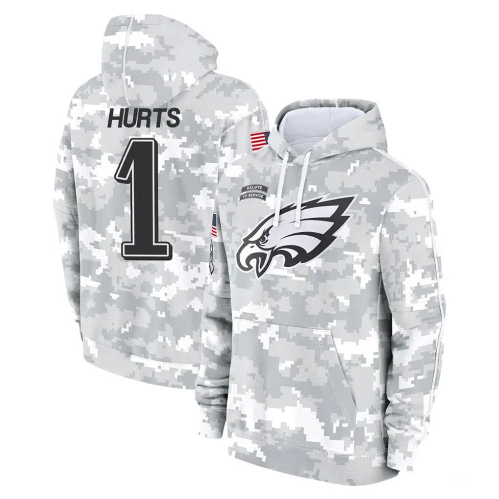 P.Eagles #1 Jalen Hurts Player Arctic Camo Salute to Service Pullover Hoodies Limited Game ROCER Stitched Jerseys