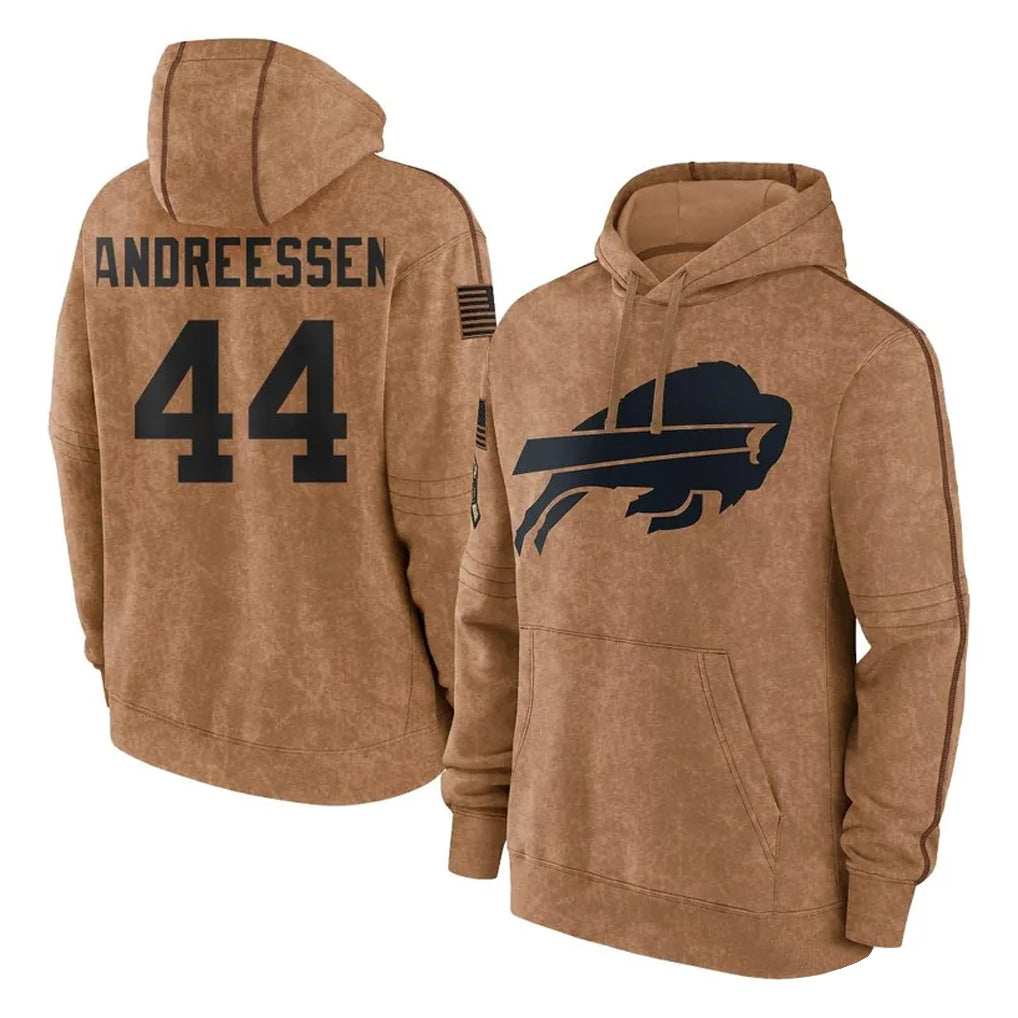 B.Bills #44 Joe Andreessen Player Brown Salute to Service Hoodies ROCER Stitched Jerseys
