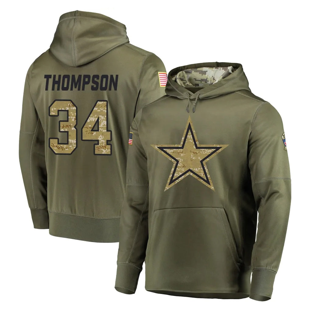 D.Cowboys #34 Jalen Thompson Player Olive Salute to Service Pullover Hoodies Home Game ROCER Stitched Jerseys