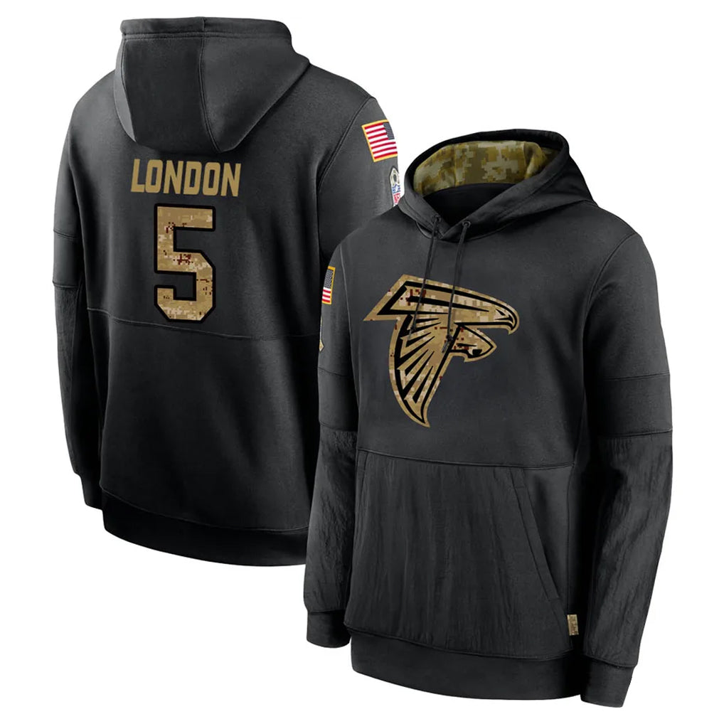 A.Falcons #5 Drake London Player Black Salute to Service Pullover Hoodies ROCER Stitched Jerseys