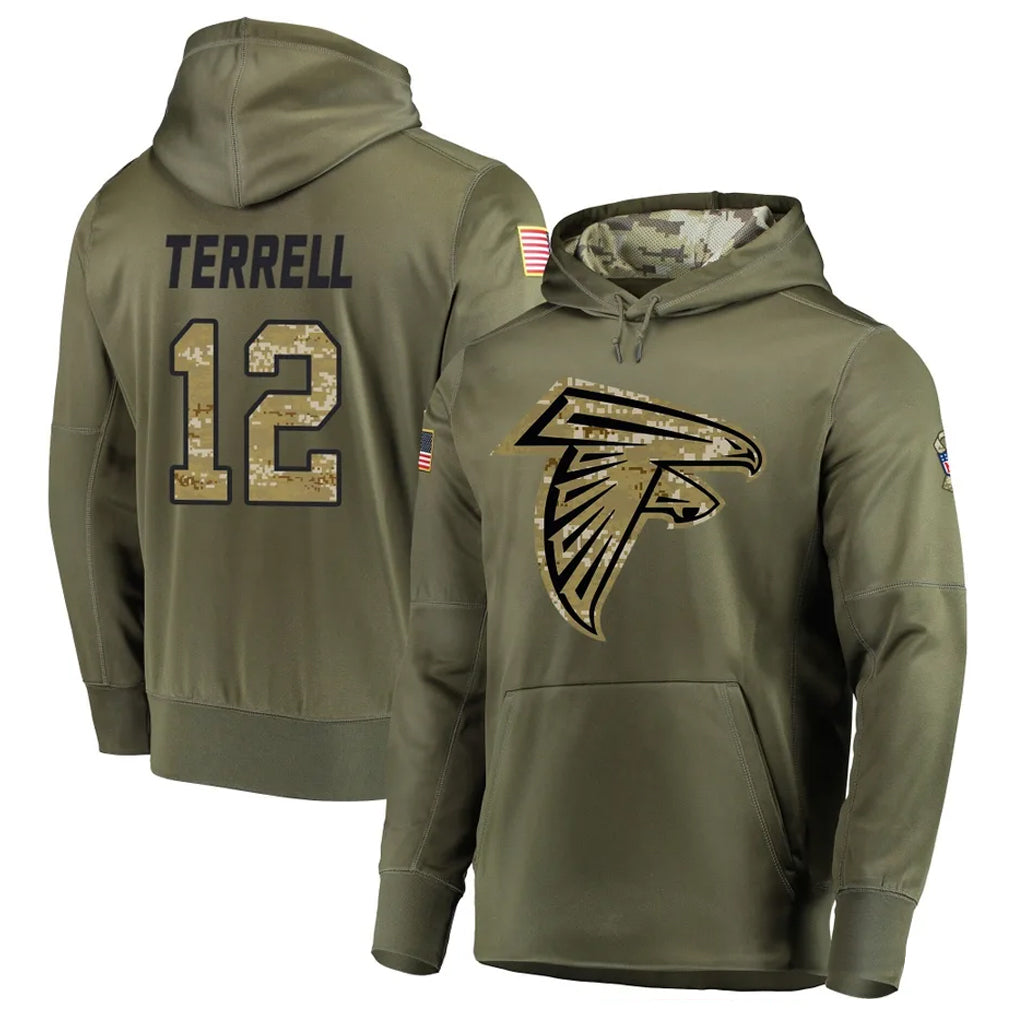 A.Falcons #12 Avieon Terrell Player Olive Salute to Service Club Fleece Hoodie ROCER Stitched Jerseys